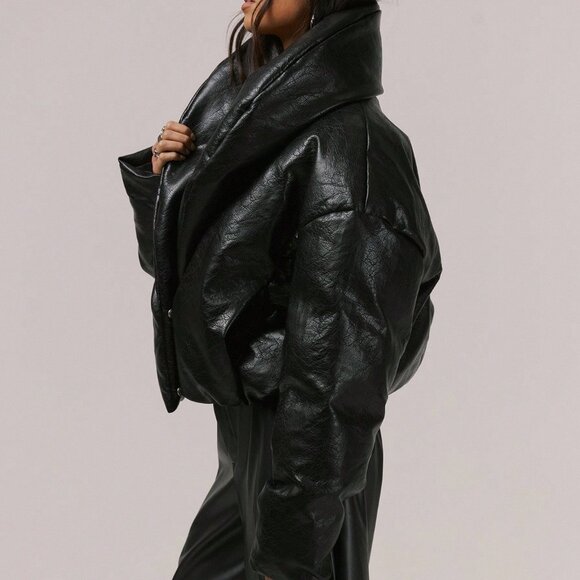 Black Casual Women's Thick Padded Faux Leather Puffer Coat - Picture 3 of 5